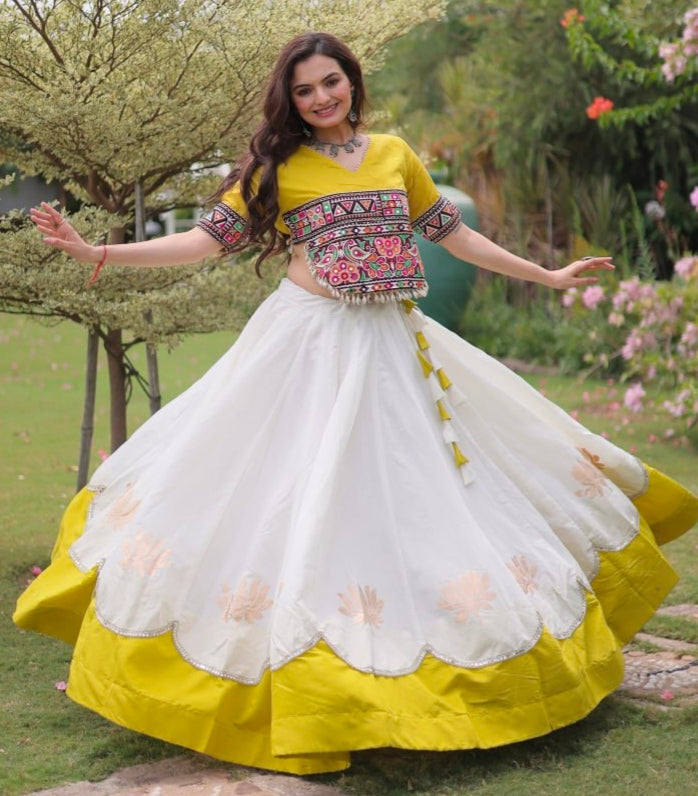Yellow Pure Roman Silk With Attractive Round Gota Pattern Navratri Lehenga Choli