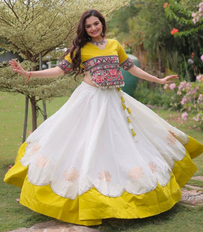Yellow Pure Roman Silk With Attractive Round Gota Pattern Navratri Lehenga Choli