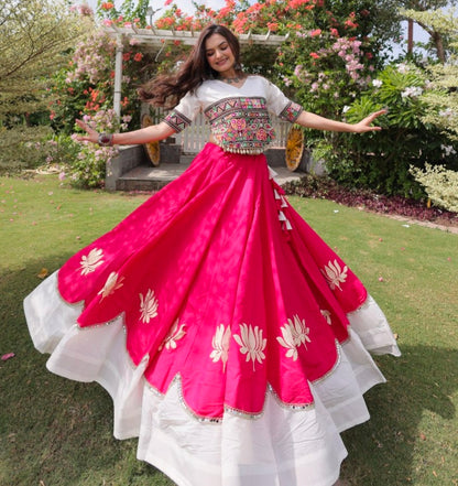 Pink Pure Roman Silk With Attractive Round Gota Pattern Navratri Lehenga Choli