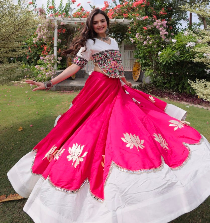 Pink Pure Roman Silk With Attractive Round Gota Pattern Navratri Lehenga Choli