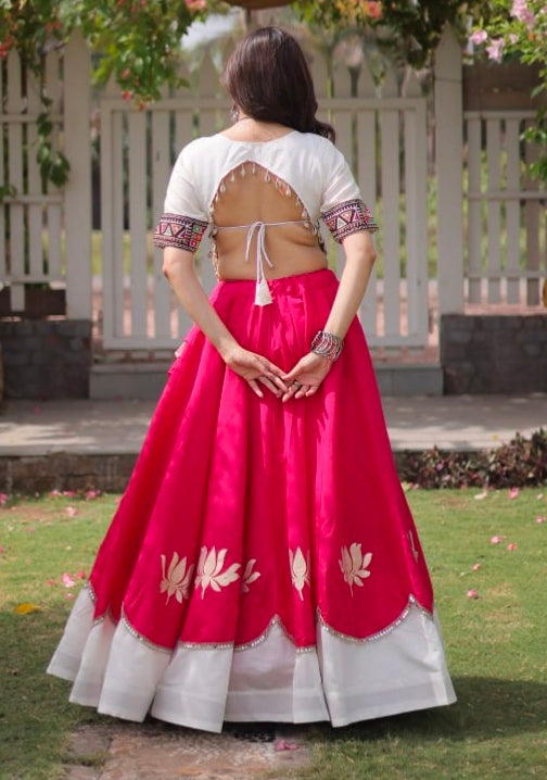 Pink Pure Roman Silk With Attractive Round Gota Pattern Navratri Lehenga Choli