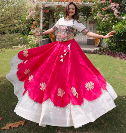Pink Pure Roman Silk With Attractive Round Gota Pattern Navratri Lehenga Choli