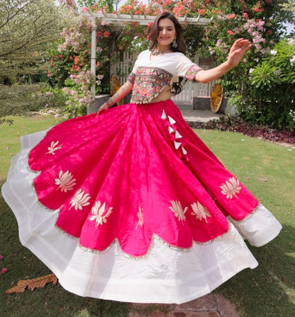 Pink Pure Roman Silk With Attractive Round Gota Pattern Navratri Lehenga Choli