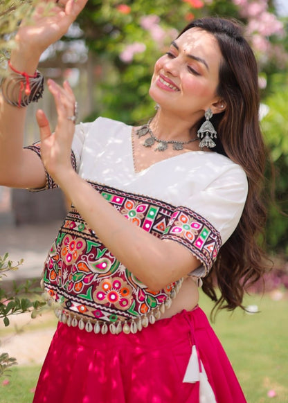 Pink Pure Roman Silk With Attractive Round Gota Pattern Navratri Lehenga Choli