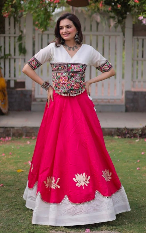 Pink Pure Roman Silk With Attractive Round Gota Pattern Navratri Lehenga Choli