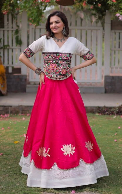 Pink Pure Roman Silk With Attractive Round Gota Pattern Navratri Lehenga Choli