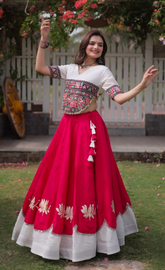 Pink Pure Roman Silk With Attractive Round Gota Pattern Navratri Lehenga Choli