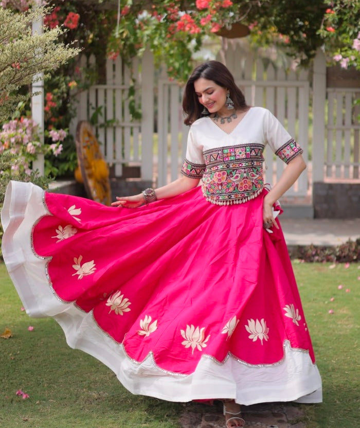 Pink Pure Roman Silk With Attractive Round Gota Pattern Navratri Lehenga Choli