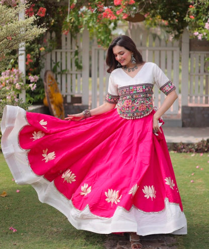 Pink Pure Roman Silk With Attractive Round Gota Pattern Navratri Lehenga Choli
