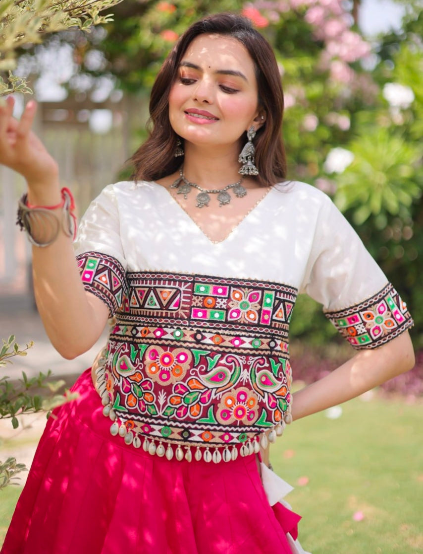 Pink Pure Roman Silk With Attractive Round Gota Pattern Navratri Lehenga Choli
