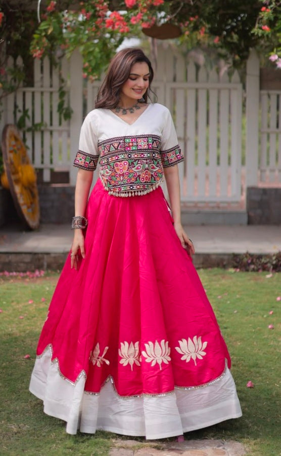 Pink Pure Roman Silk With Attractive Round Gota Pattern Navratri Lehenga Choli