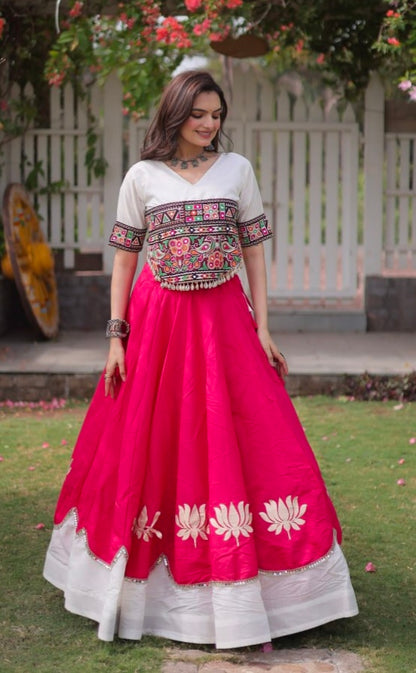 Pink Pure Roman Silk With Attractive Round Gota Pattern Navratri Lehenga Choli