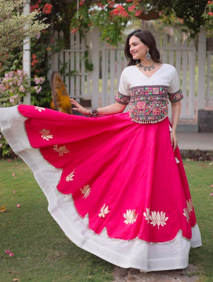 Pink Pure Roman Silk With Attractive Round Gota Pattern Navratri Lehenga Choli
