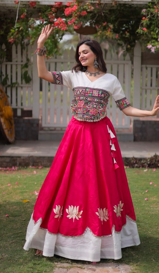Pink Pure Roman Silk With Attractive Round Gota Pattern Navratri Lehenga Choli