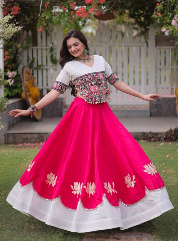 Pink Pure Roman Silk With Attractive Round Gota Pattern Navratri Lehenga Choli
