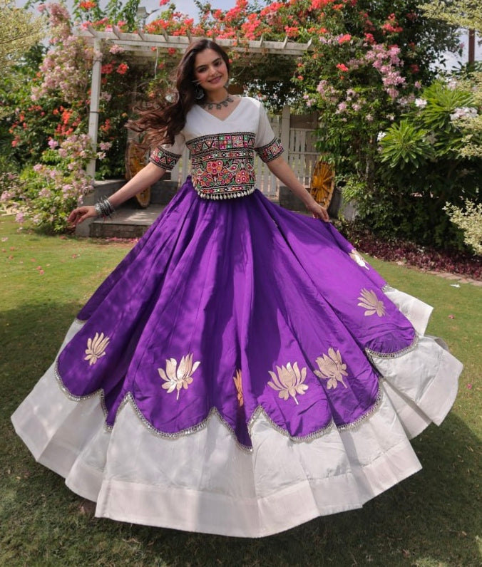 Purple Pure Roman Silk With Attractive Round Gota Pattern Navratri Lehenga Choli