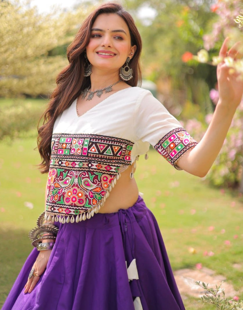 Purple Pure Roman Silk With Attractive Round Gota Pattern Navratri Lehenga Choli