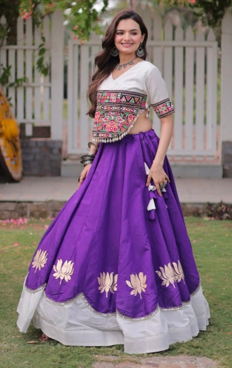 Purple Pure Roman Silk With Attractive Round Gota Pattern Navratri Lehenga Choli