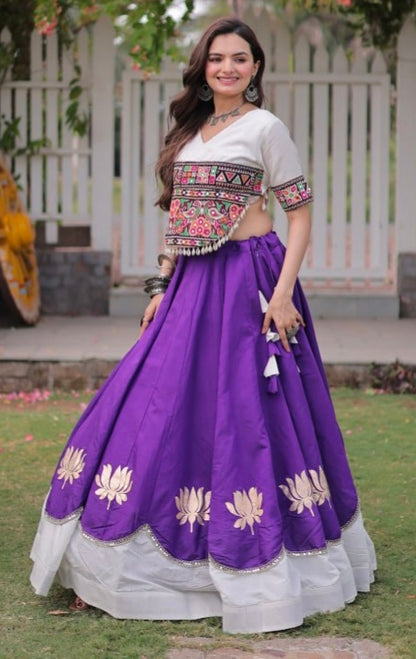 Purple Pure Roman Silk With Attractive Round Gota Pattern Navratri Lehenga Choli