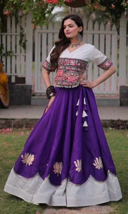 Purple Pure Roman Silk With Attractive Round Gota Pattern Navratri Lehenga Choli