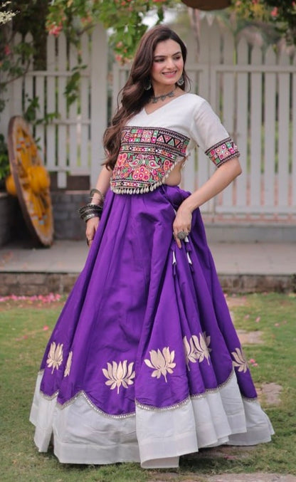 Purple Pure Roman Silk With Attractive Round Gota Pattern Navratri Lehenga Choli