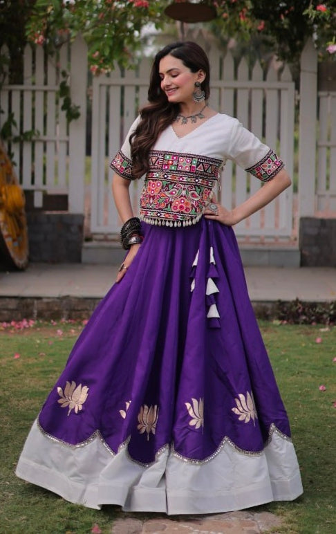 Purple Pure Roman Silk With Attractive Round Gota Pattern Navratri Lehenga Choli