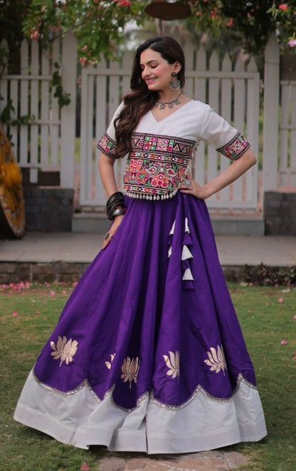 Purple Pure Roman Silk With Attractive Round Gota Pattern Navratri Lehenga Choli