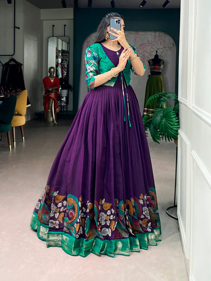 Purple Pure Polyester Viscose Chanderi Cotton Kalamkari Printed Anarkali Long Gown
