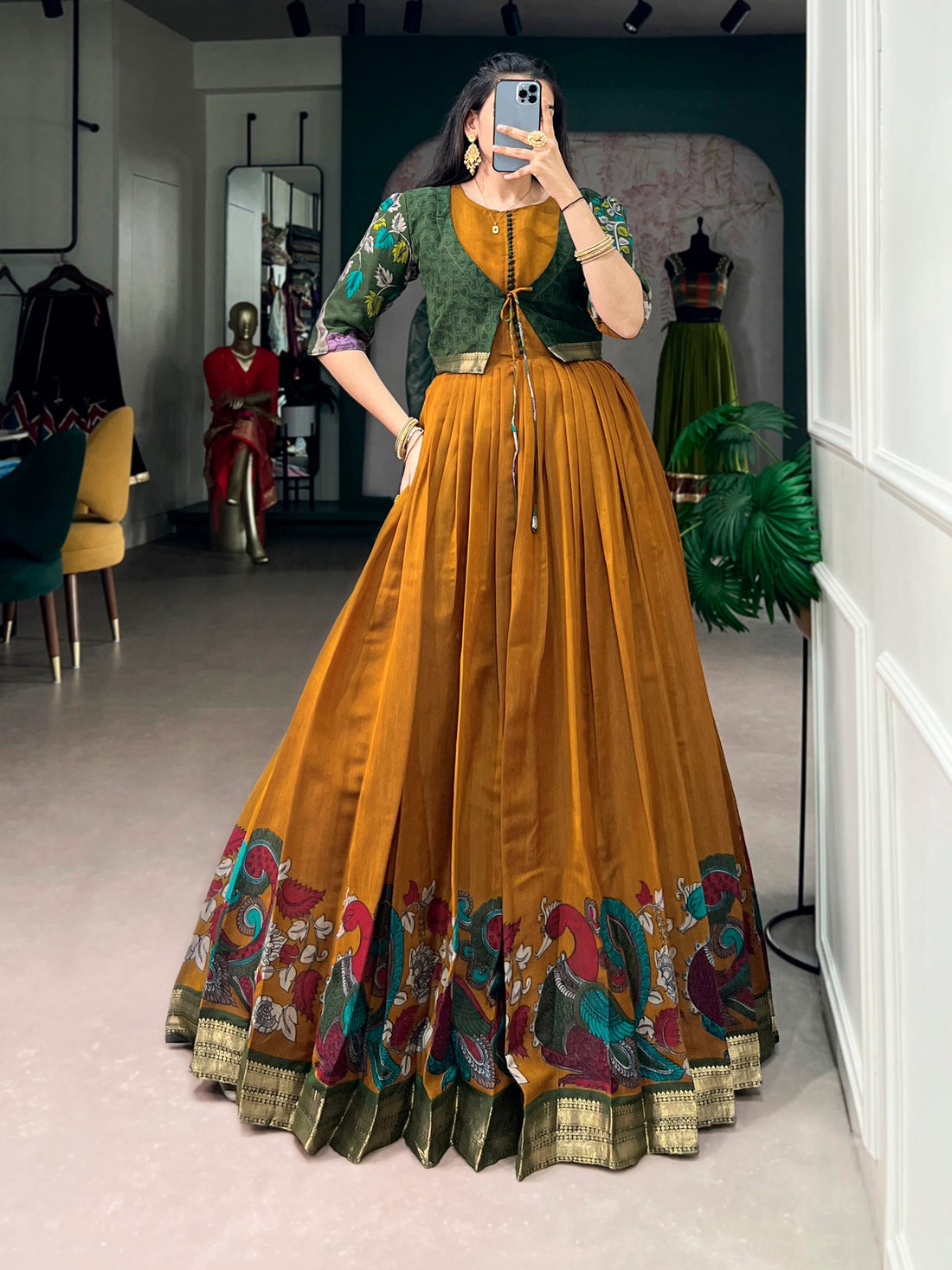 Mustard Pure Polyester Viscose Chanderi Cotton Kalamkari Printed Anarkali Long Gown