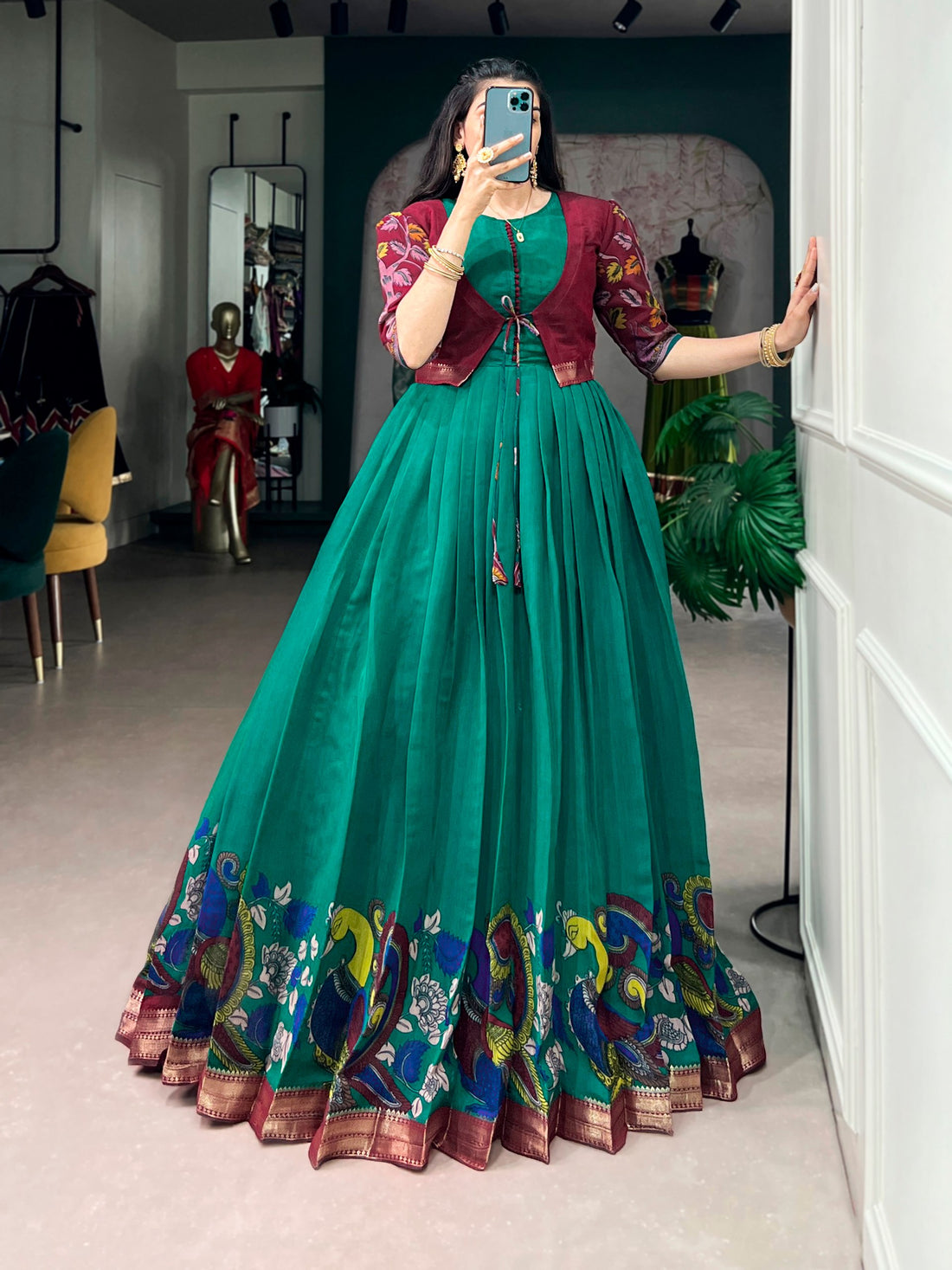 Firozi Pure Polyester Viscose Chanderi Cotton Kalamkari Printed Anarkali Long Gown