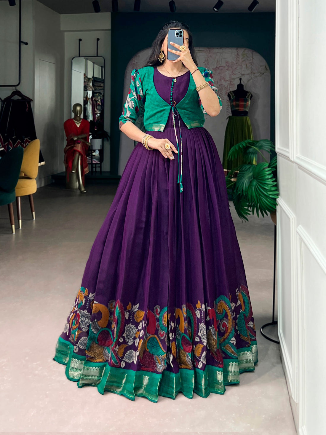 Purple Pure Polyester Viscose Chanderi Cotton Kalamkari Printed Anarkali Long Gown