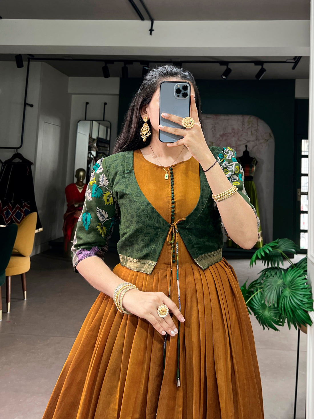 Mustard Pure Polyester Viscose Chanderi Cotton Kalamkari Printed Anarkali Long Gown