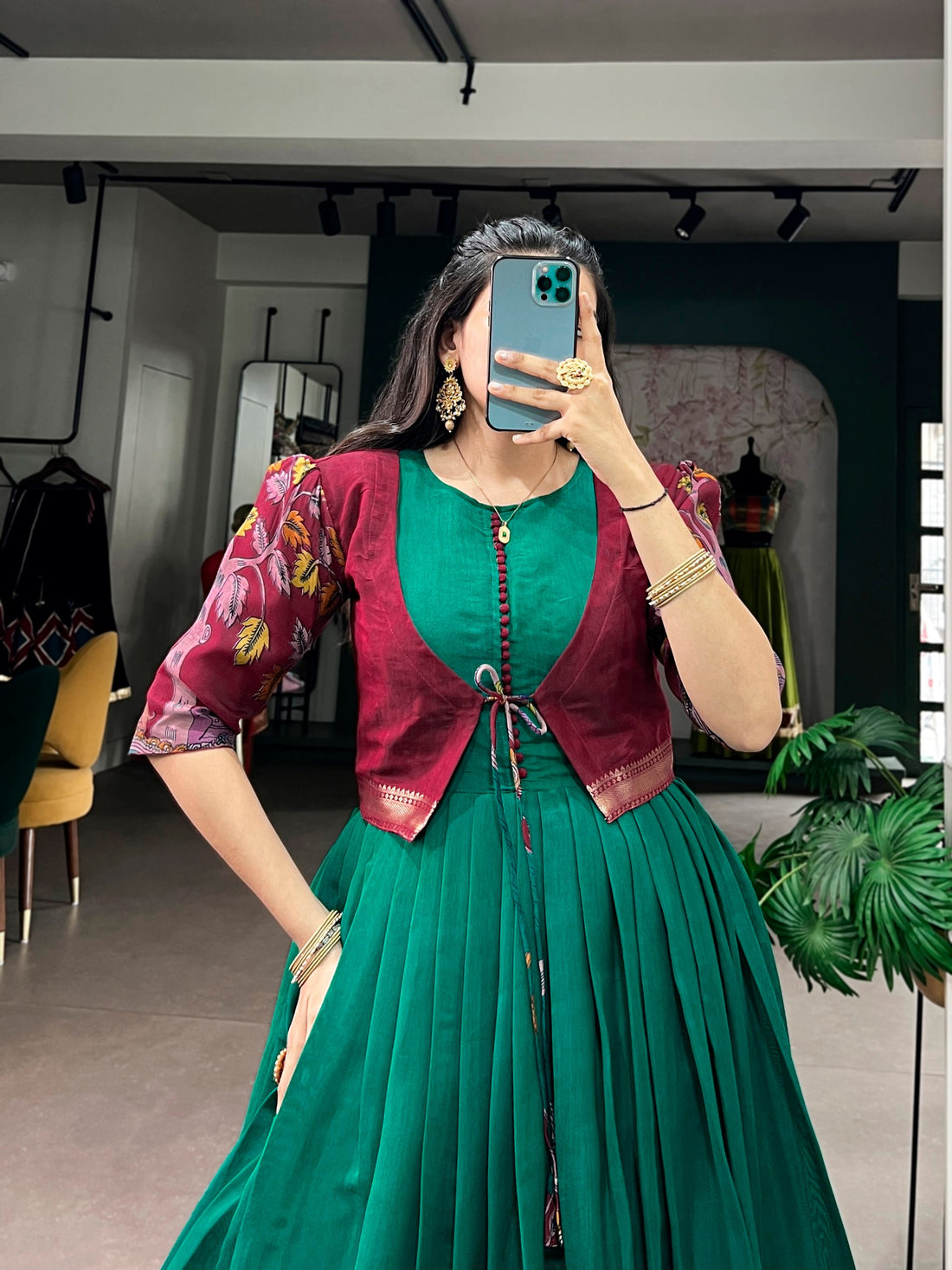 Firozi Pure Polyester Viscose Chanderi Cotton Kalamkari Printed Anarkali Long Gown
