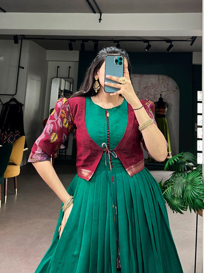 Firozi Pure Polyester Viscose Chanderi Cotton Kalamkari Printed Anarkali Long Gown