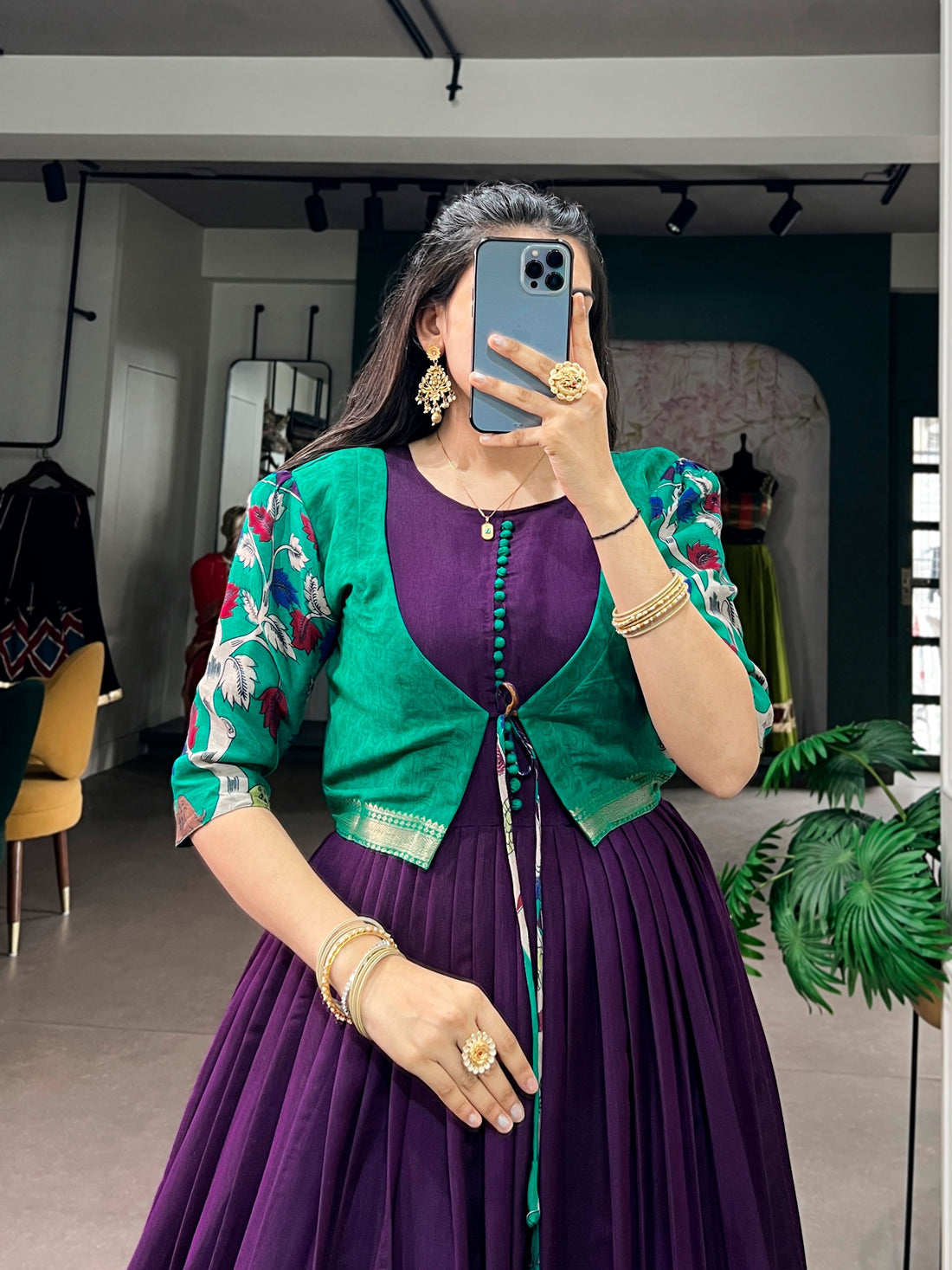Purple Pure Polyester Viscose Chanderi Cotton Kalamkari Printed Anarkali Long Gown