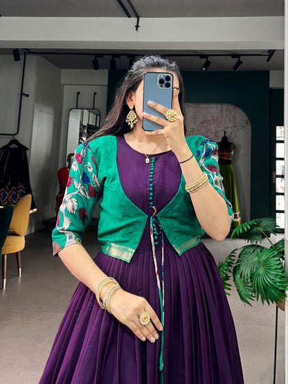Purple Pure Polyester Viscose Chanderi Cotton Kalamkari Printed Anarkali Long Gown