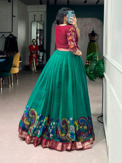 Firozi Pure Polyester Viscose Chanderi Cotton Kalamkari Printed Anarkali Long Gown