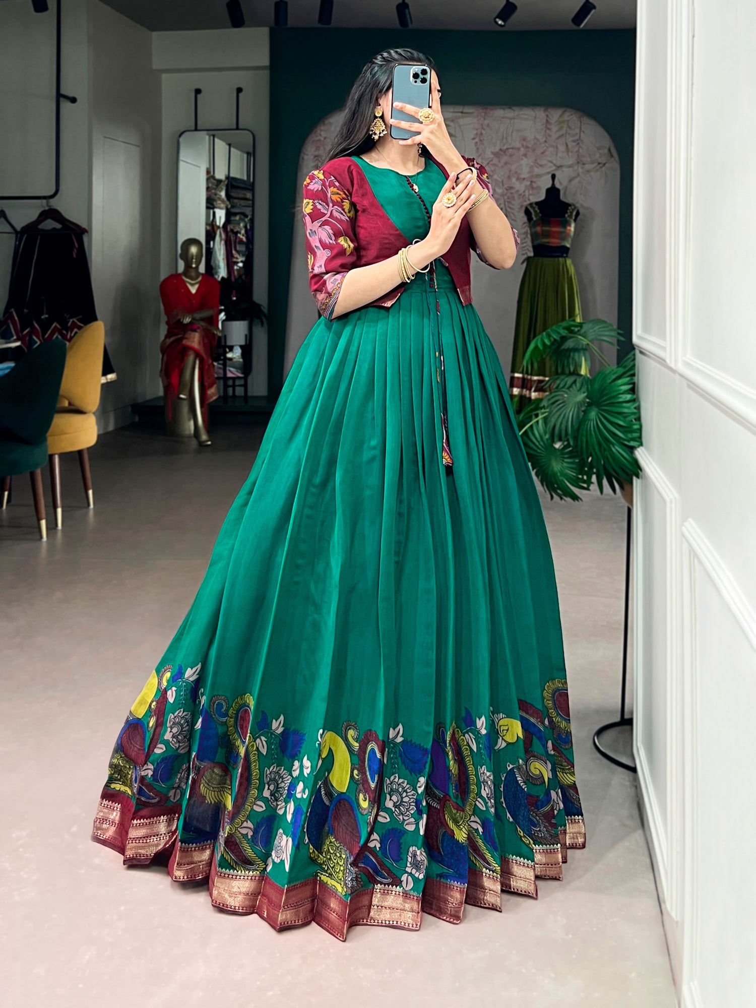 Firozi Pure Polyester Viscose Chanderi Cotton Kalamkari Printed Anarkali Long Gown