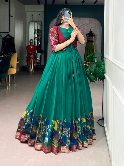 Firozi Pure Polyester Viscose Chanderi Cotton Kalamkari Printed Anarkali Long Gown