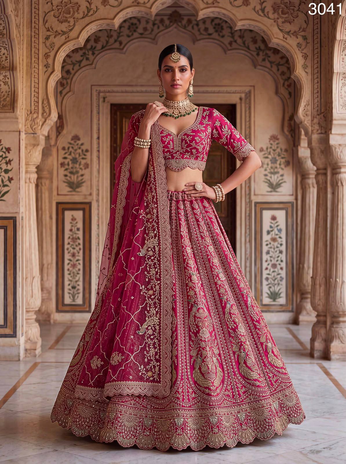 Rani Pure Heavy Satin Silk Peacock Embroidered Thread Dori Sequins &amp; Diamond Work Bridal Lehenga Choli