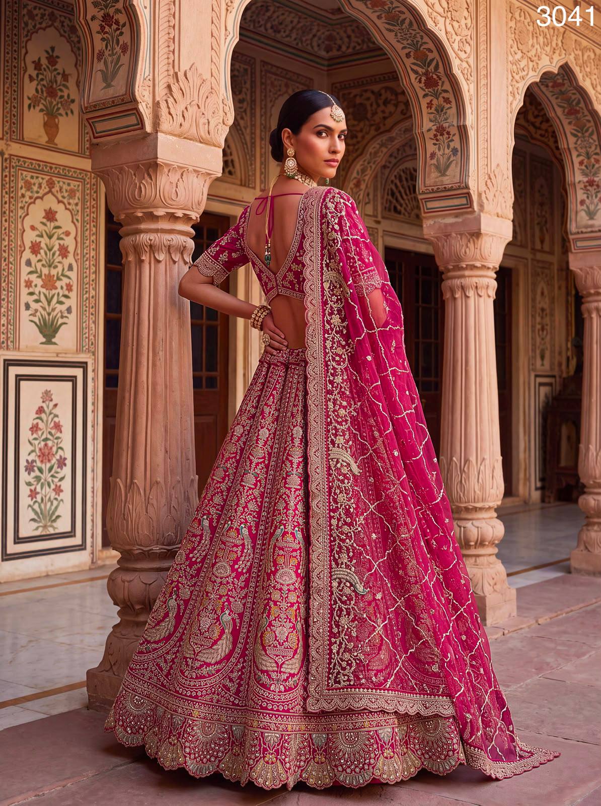 Rani Pure Heavy Satin Silk Peacock Embroidered Thread Dori Sequins &amp; Diamond Work Bridal Lehenga Choli