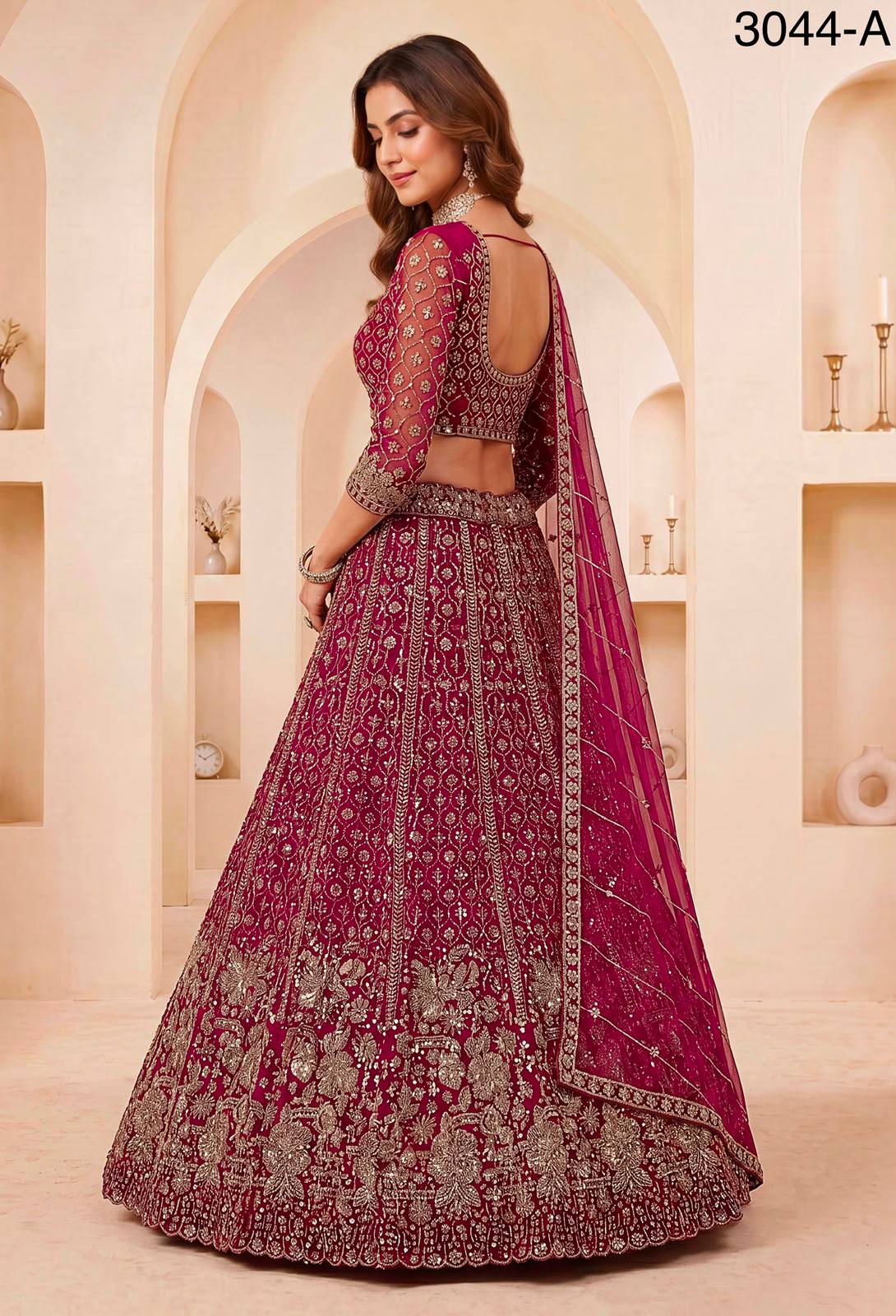 Red Pure Heavy Net Motif Sequins Zari Embroidery Work Net Bridal Lehenga Choli