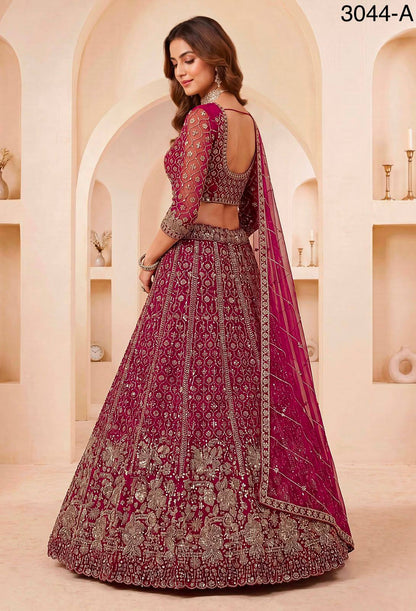 Red Pure Heavy Net Motif Sequins Zari Embroidery Work Net Bridal Lehenga Choli