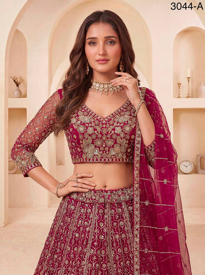 Red Pure Heavy Net Motif Sequins Zari Embroidery Work Net Bridal Lehenga Choli