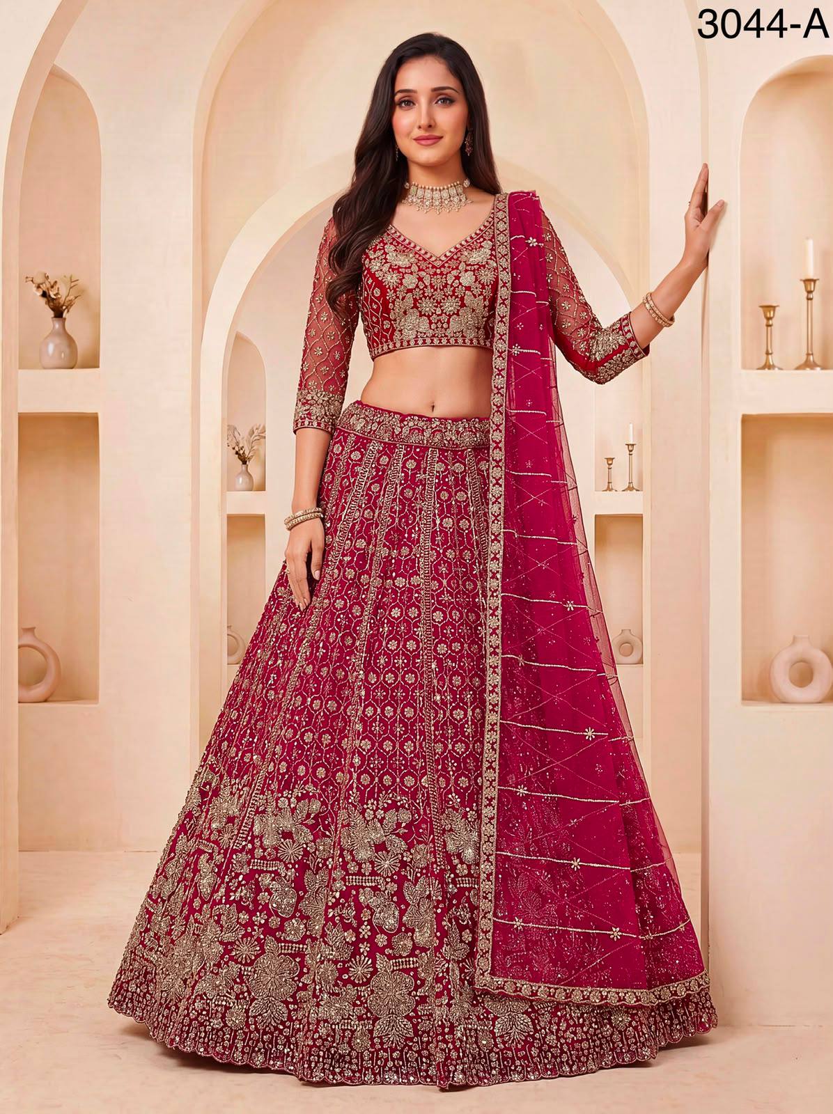 Red Pure Heavy Net Motif Sequins Zari Embroidery Work Net Bridal Lehenga Choli