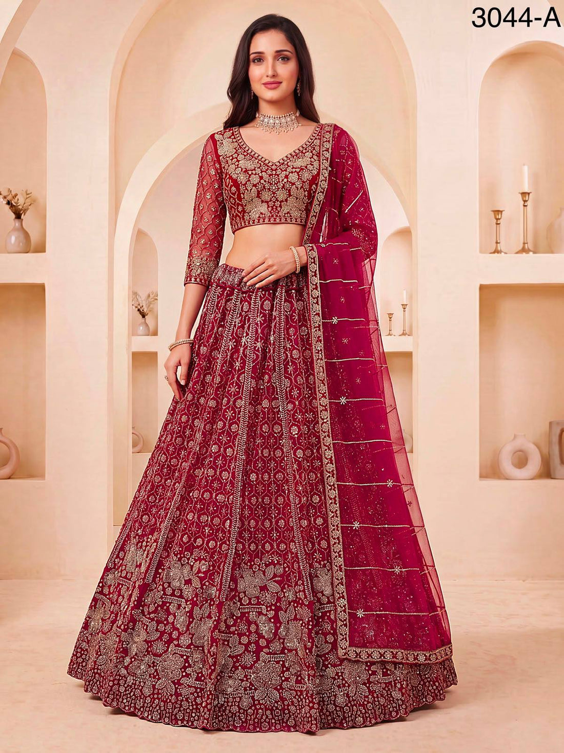 Red Pure Heavy Net Motif Sequins Zari Embroidery Work Net Bridal Lehenga Choli