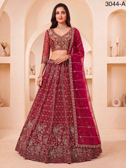 Red Pure Heavy Net Motif Sequins Zari Embroidery Work Net Bridal Lehenga Choli