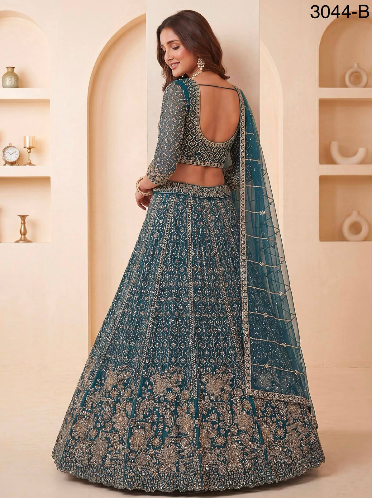 Blue Pure Heavy Net Motif Sequins Zari Embroidery Work Net Bridal Lehenga Choli