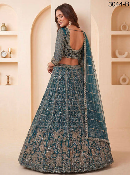 Blue Pure Heavy Net Motif Sequins Zari Embroidery Work Net Bridal Lehenga Choli