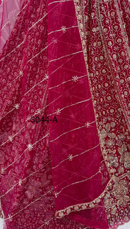 Red Pure Heavy Net Motif Sequins Zari Embroidery Work Net Bridal Lehenga Choli